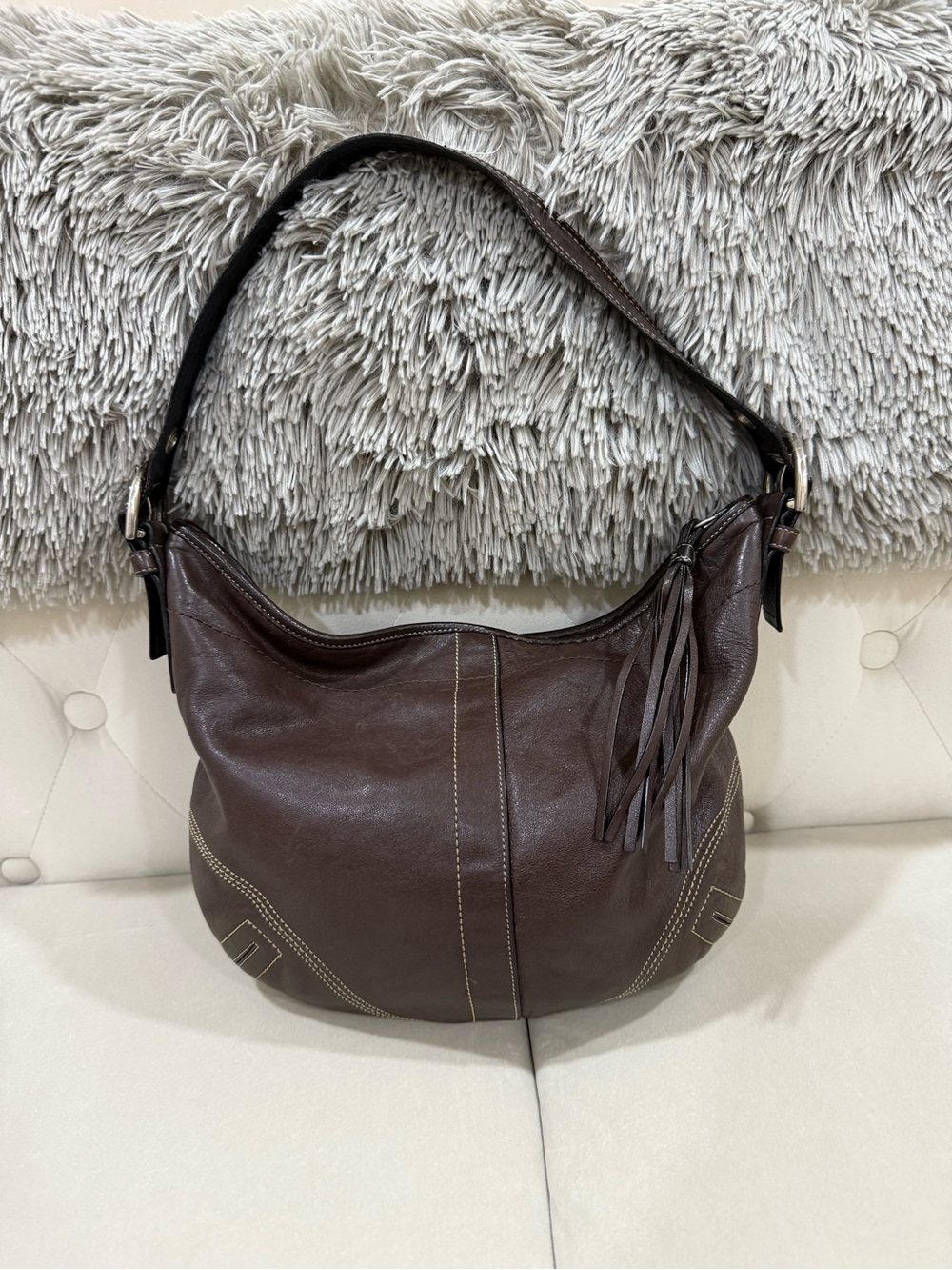 Coach Dark Brown Leather Shoulder Bag with Tassel